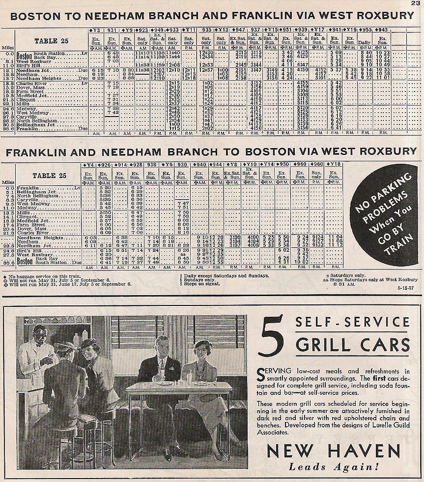 1937 NH West Roxbury - Needham - Franklin Timetable