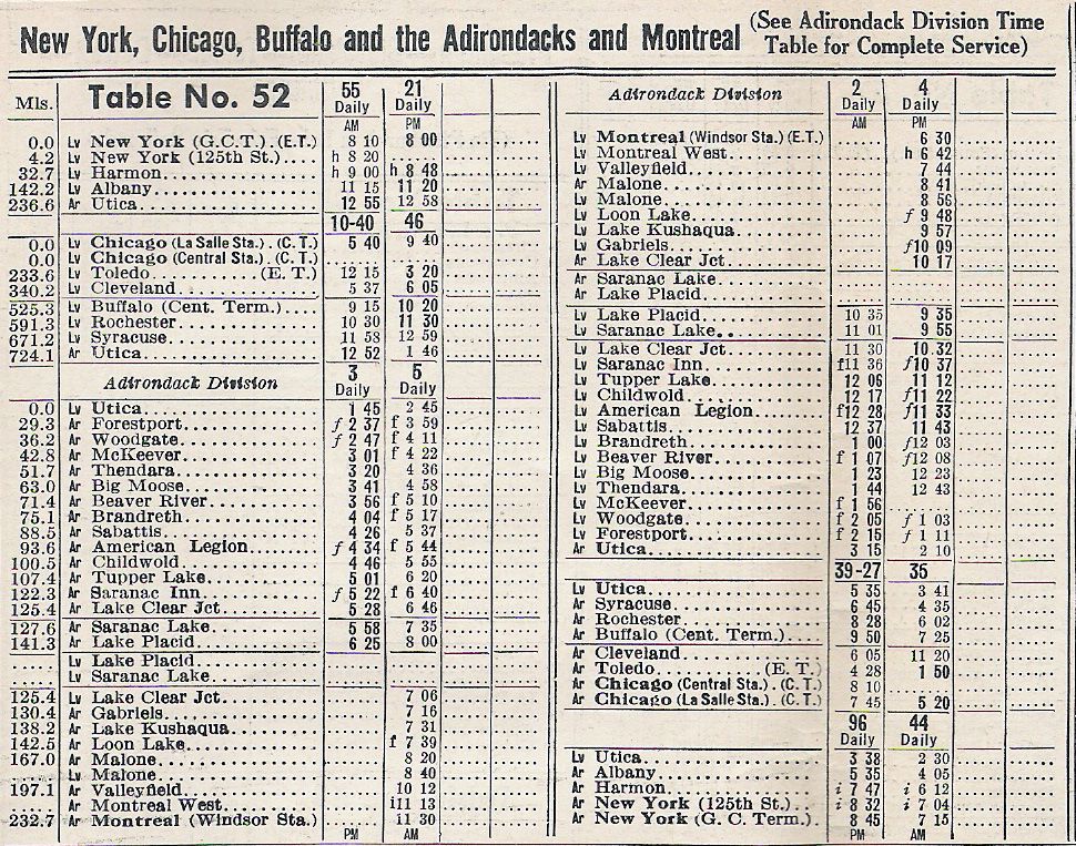 1951 NYC Adirondack Mountains Timetable