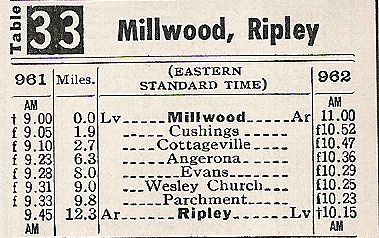 1952 B&O Millwood - Ripley, WV Timetable