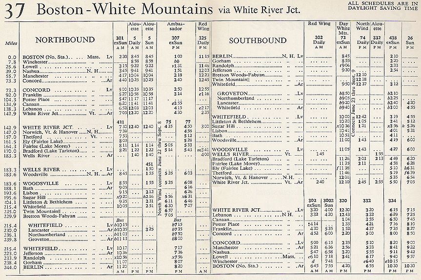 1956 B&M White Mountains Timetable