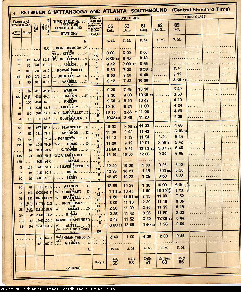 Page 4-Chattanooga and Atlanta Southbound-2nd and 3rd class