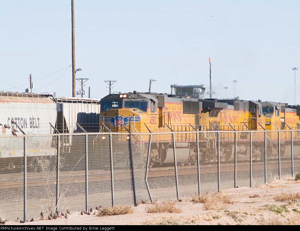 UP 4392 waits for clearance in Alfalfa yard before moving WB at 3:15pm