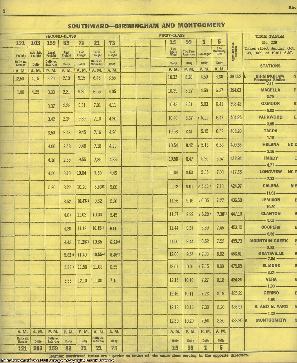 L&N Birmingham Division, Timetable No. 229, October 28, 1962 - Pg. 5