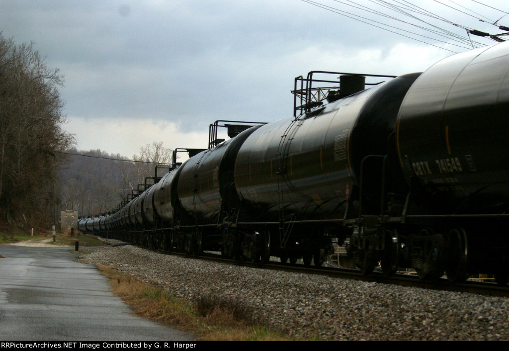 669 - Shiny tank cars on the K08005, the first train to the new transloading facility in Yorktown, VA carrying "a bubblin' crude.  Oil, that is.  Black Gold.  Texas Tea."