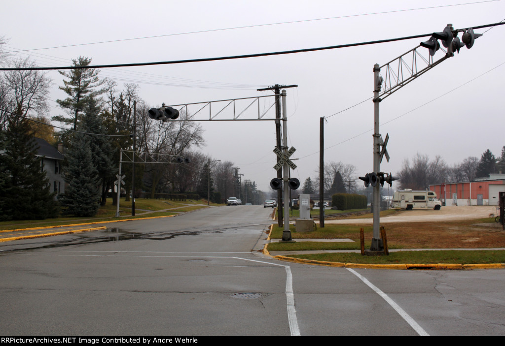 Disused railroad crossing at the intersection of Dayton & Walnut Streets