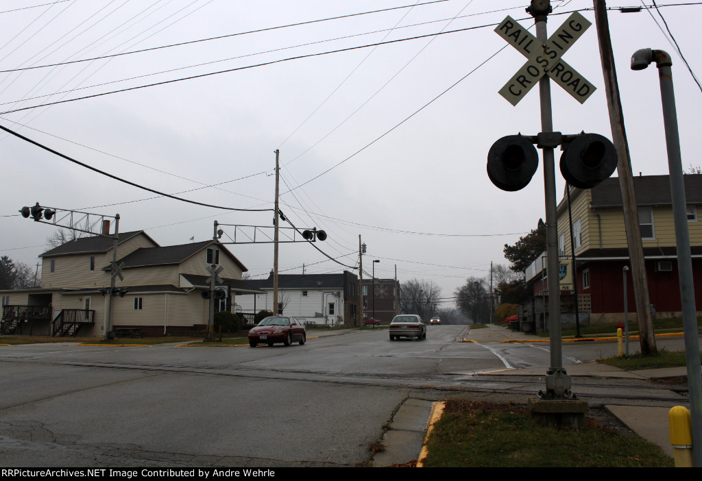 Looking east on Dayton Street at the intersection/crossing