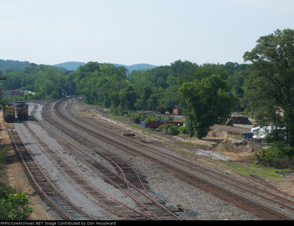 South from Porter Street bridge - CSX office on left with trains on siding - Start of Etowah sub behind the engines going to the left