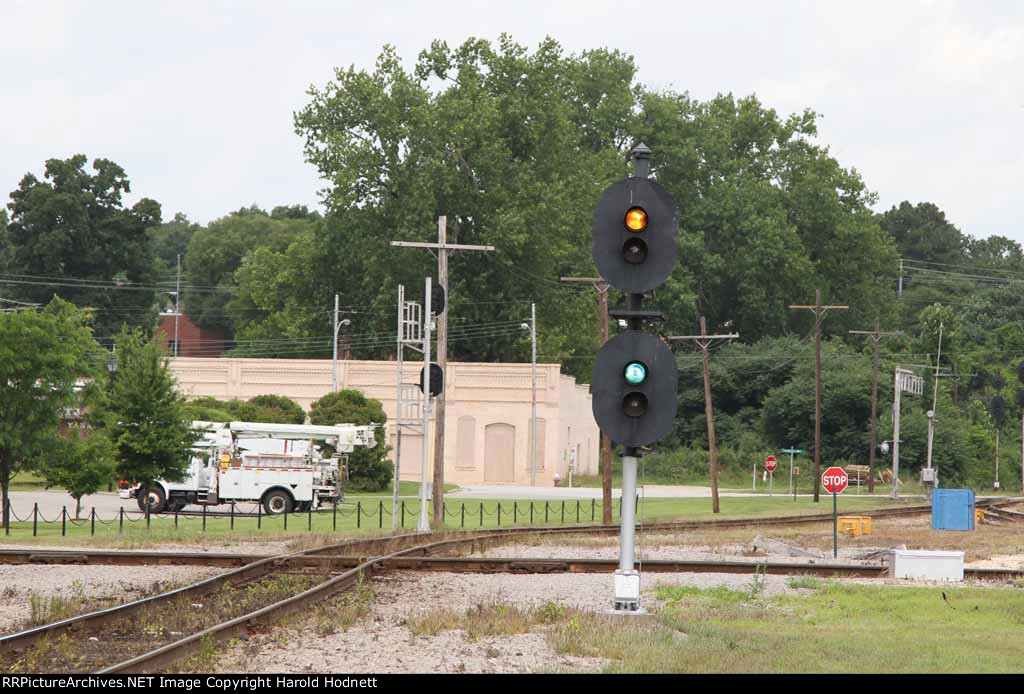 Signals on the East/West connector track line for a westbound train