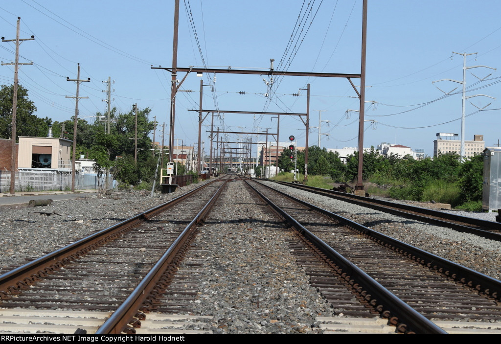 The view down the tracks looking towards the station