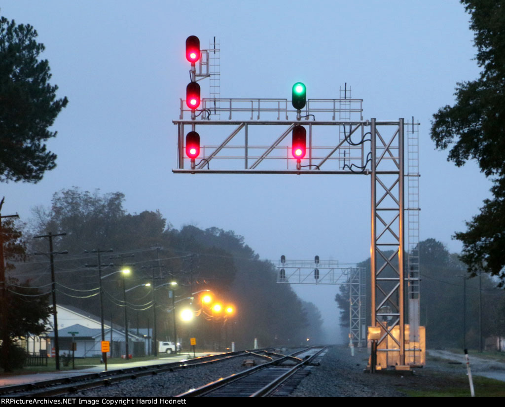 The southbound signals on the A line in the dark