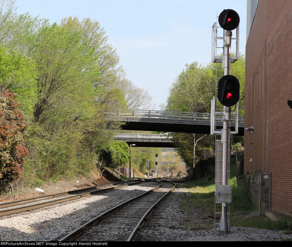 Foreground signal at Hargett Street for NS connection track...signal in distance is for Southern Junction