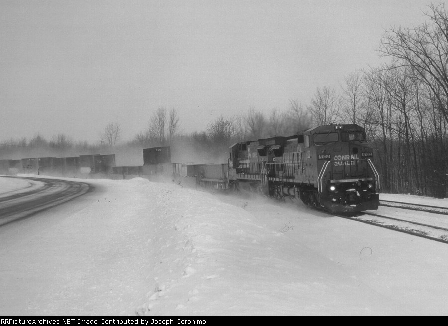 Conrail E/B intermodal on the Chicago Line winter of 1995.