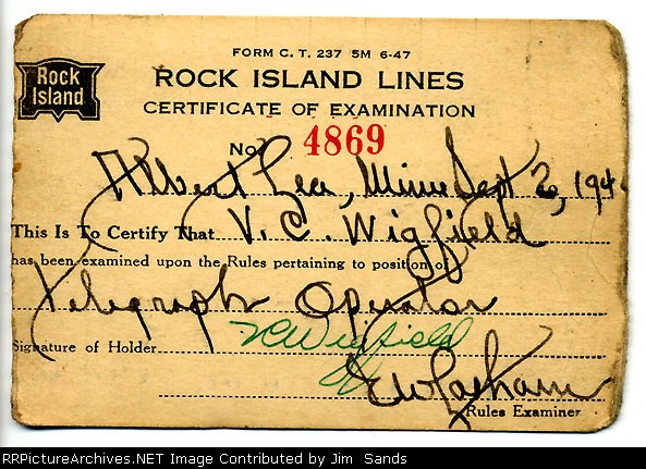 Rock Island Operator card for Vern 1949