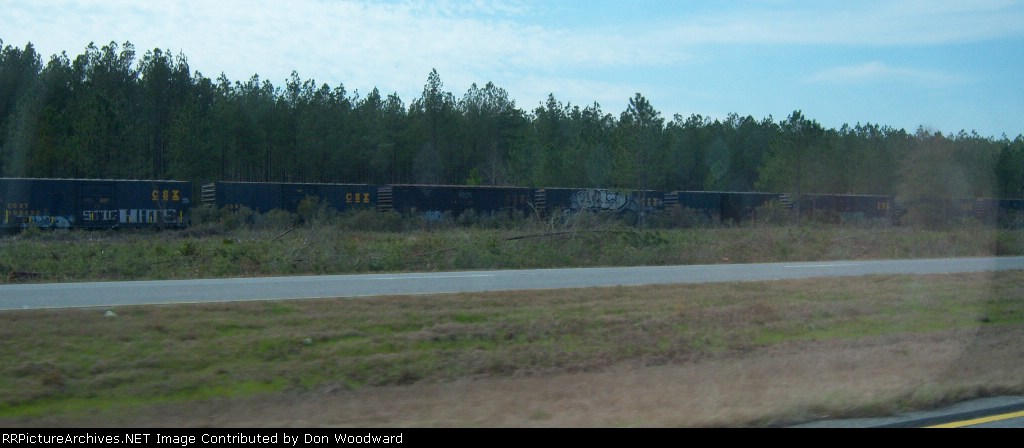 East of Pearson there are several miles of cars stored on an old line along Highway 82