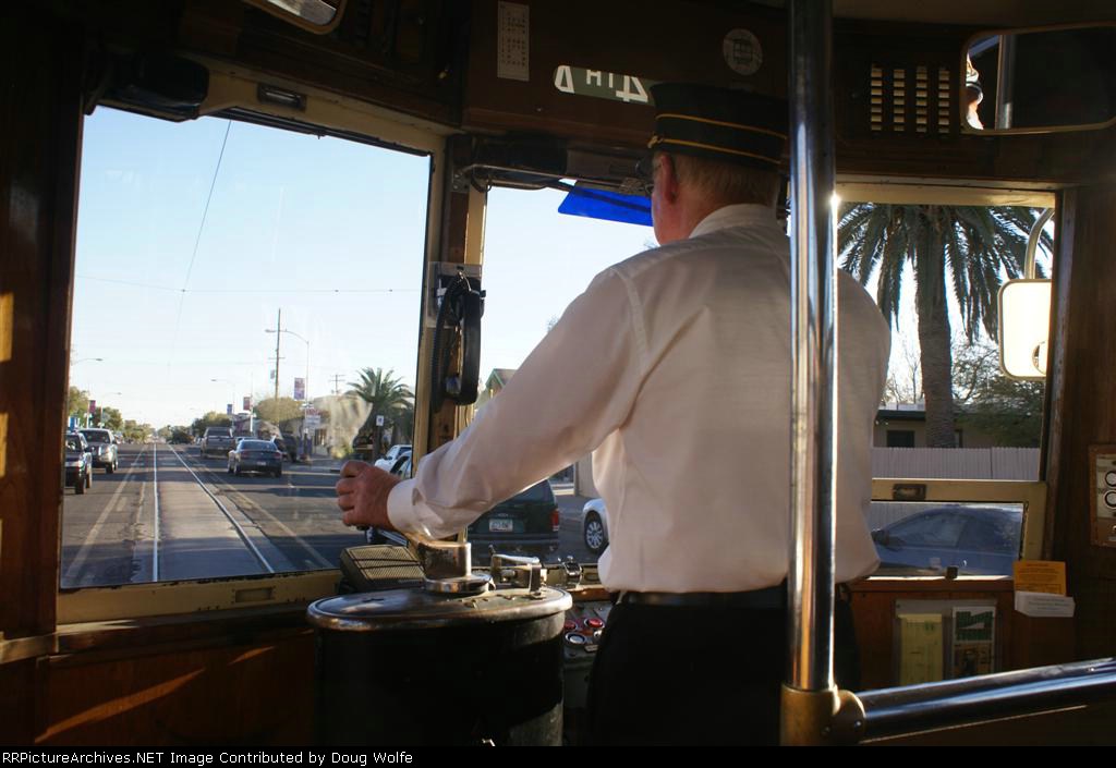 Interior view from Old Pueblo Trolley 869 as it heads down 4th Avenue in Tucson.