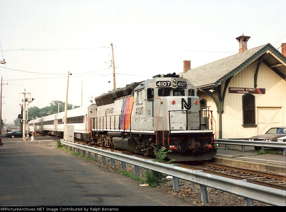 A morning eastbound on the Pascack Valley line departs the Anderson St. station