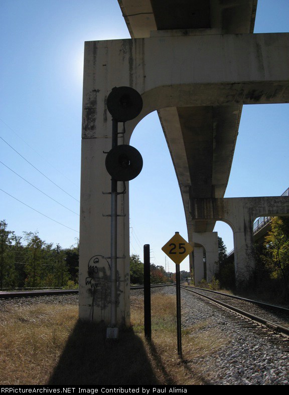 CSX branch under the MARTA flyover, with a grafitti monster guarding the way.