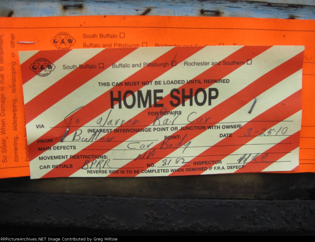 Bad Order Tag found on BPRR 8182