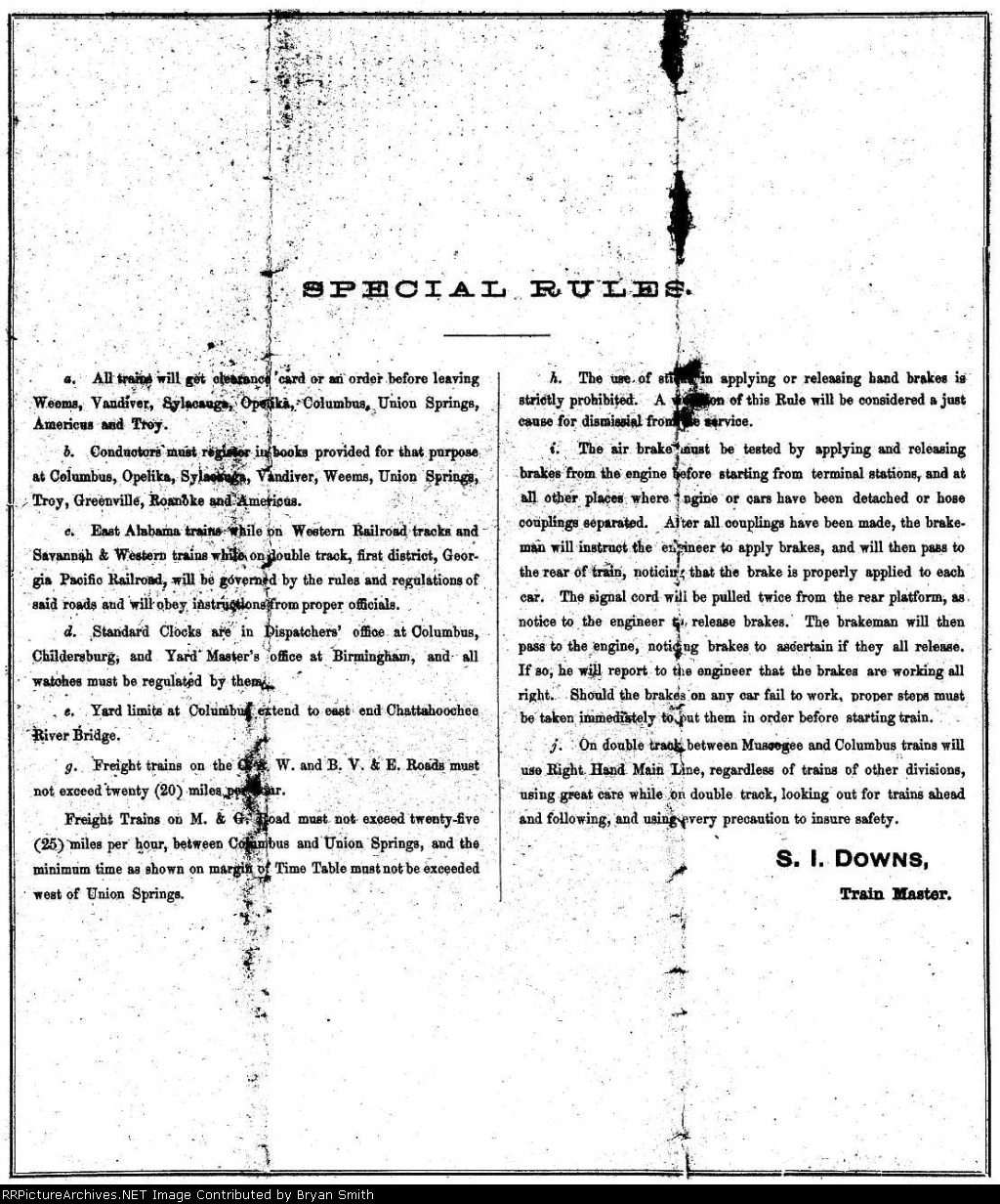 Central RR of GA employee timetable for the Savannah and Western division dated October 23, 1892