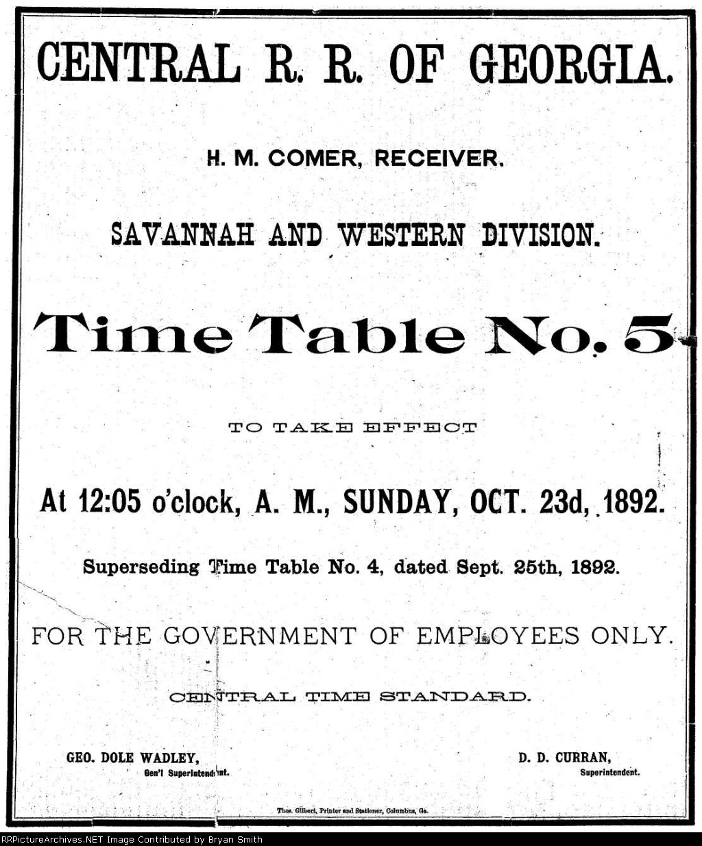 Central RR of GA employee timetable for the Savannah and Western division dated October 23, 1892
