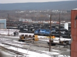 The deadline at Juniata Shops including the Spirit of Conrail unit, a slug, a frame for a new slug, and the executive F units