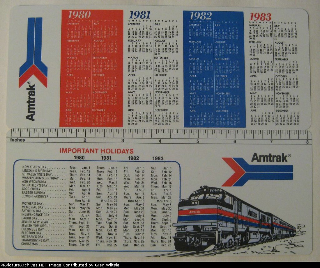 Amtrak 1980 to 1983 calendar and ruler