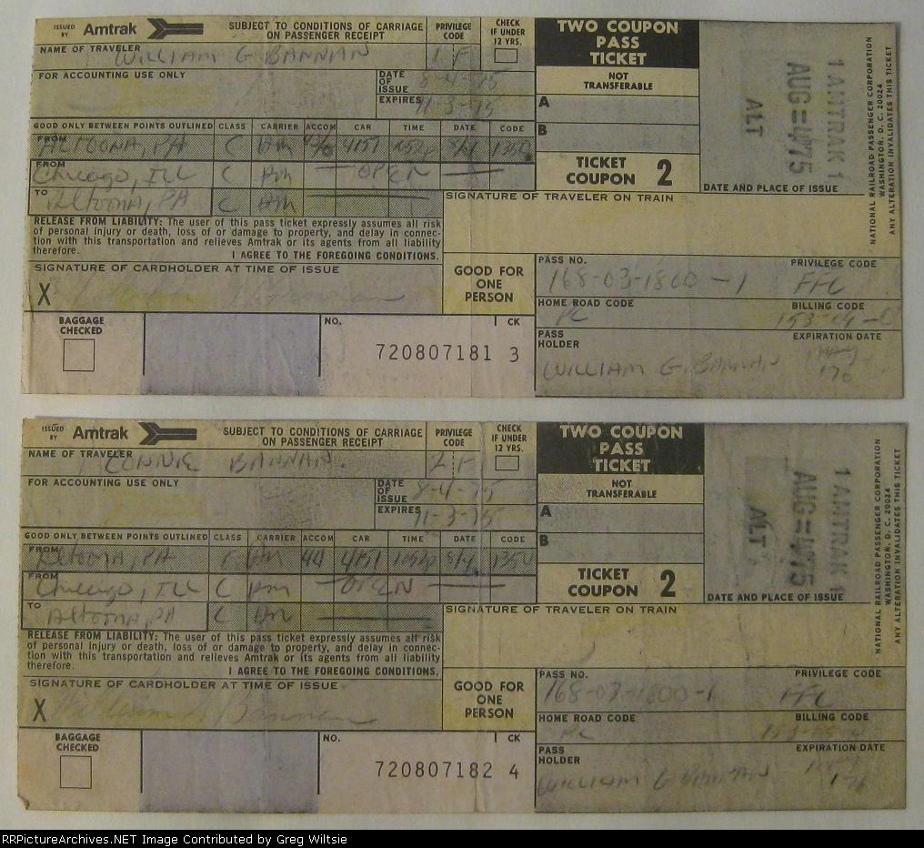 Amtrak Two Coupon Pass Tickets