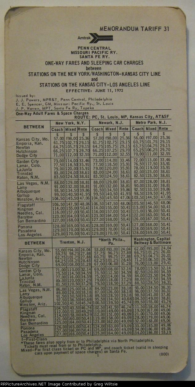 Amtrak Memorandum Tariff 31