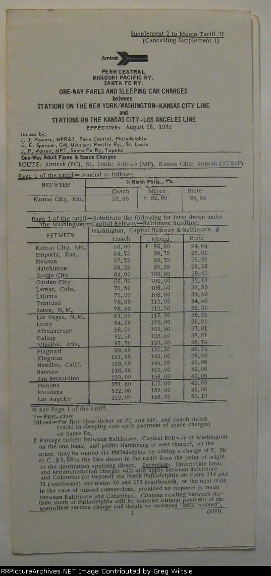 Amtrak Memorandum Tariff 31, Supplement 3