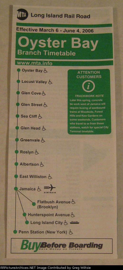 Long Island Timetable - Oyster Bay Branch