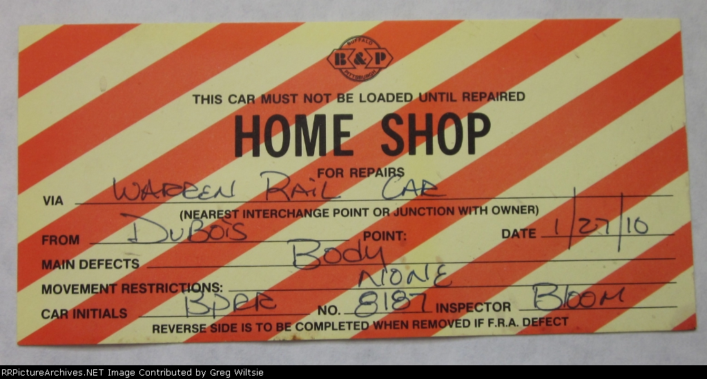 Buffalo and Pittsburgh Home Shop Repair Tag