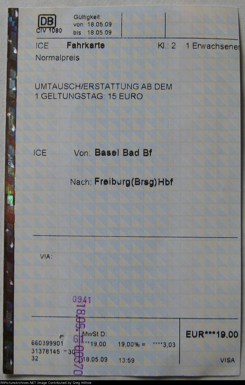 Deutsche Bahn Ticket for ICE Train from Basel Bad to Freiburg