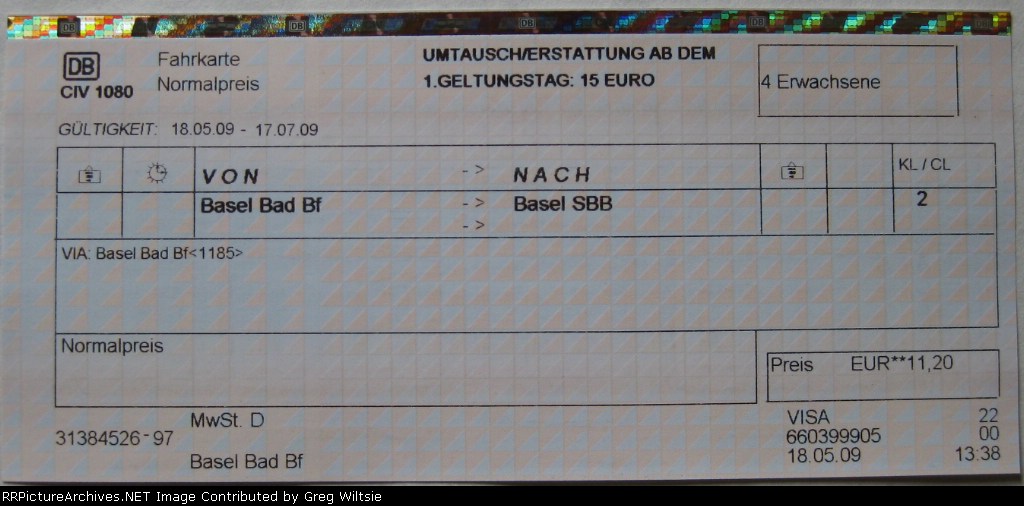 A DB receipt for a trip from Basel Bad (Germany) to Basel (Switzerland)