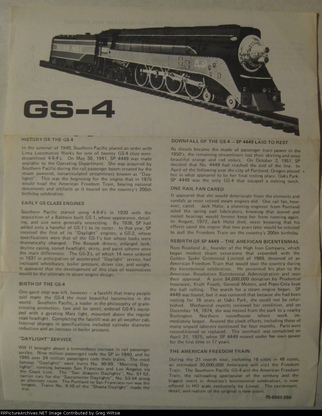 Sheet describing Lionel's GS-4 Model