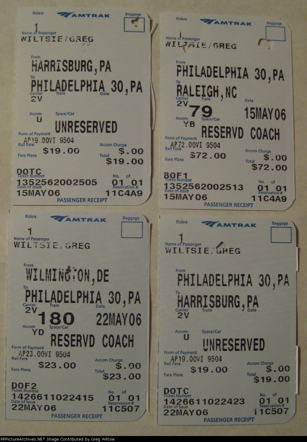 A set of Amtrak ticket stubs