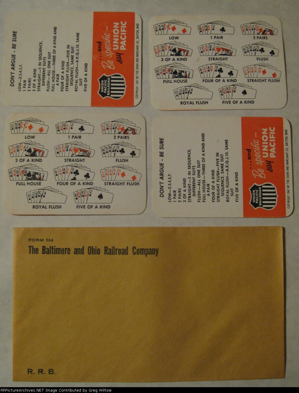 Union Pacific poker cards and a Baltimore and Ohio envelope