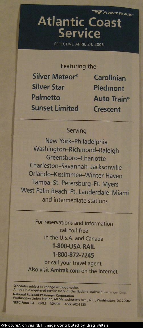 Amtrak Atlantic Coast Service Timetable