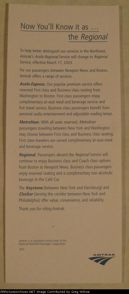 Amtrak Announcement for "the Regional" service name change