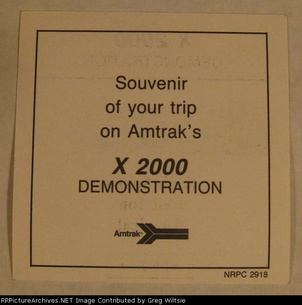 Card with Amtrak X2000 Demonstration