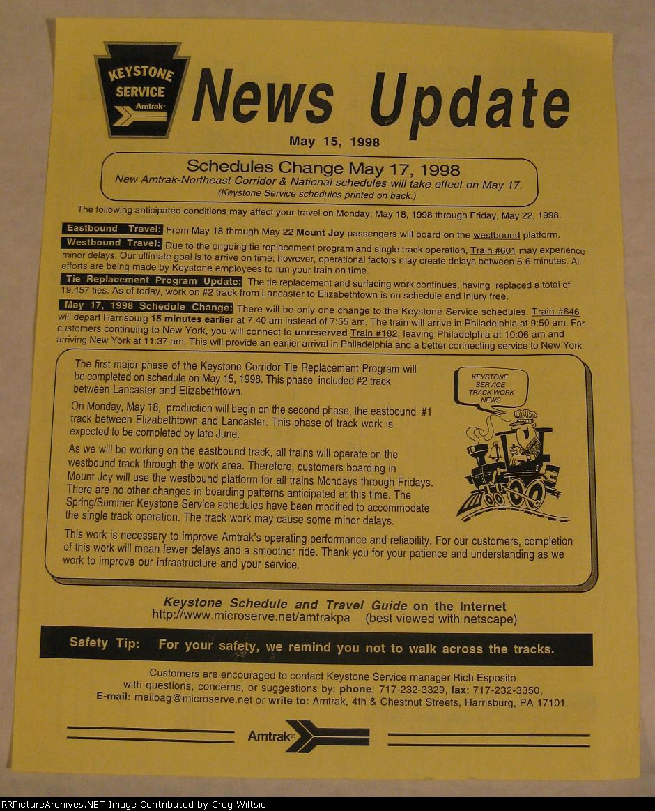 Amtrak Keystone Service News Update Pamphlet