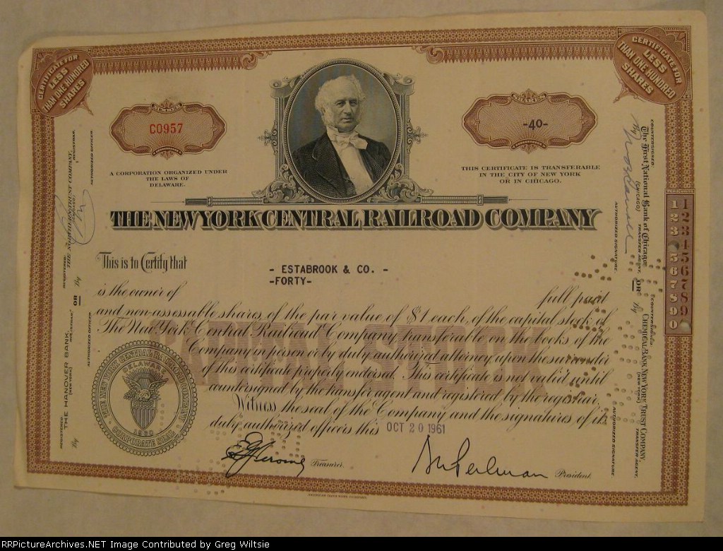 New York Central Railroad Stock Certificate