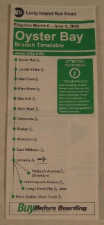 Long Island Timetable - Oyster Bay Branch