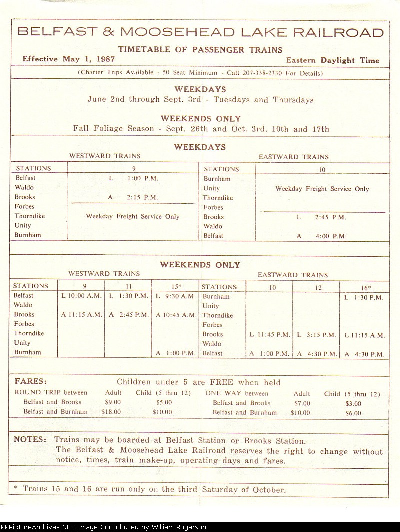 Belfast and Moosehead Lake Railroad Passenger Time Table No. 1 - 1987