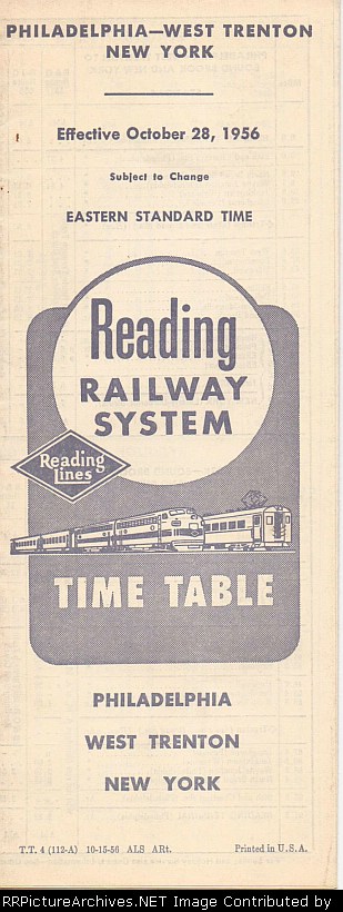 Reading Railway System, Philadelphia - West Trenton - New York Time Table, 1956