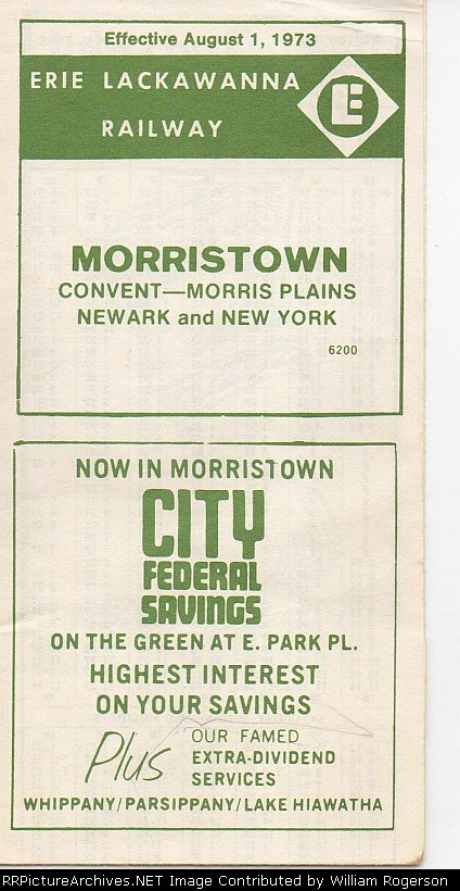 Erie Lackawanna Railroad, Morristown Convent, Morris Plains, Newark and New York Time Table -1973