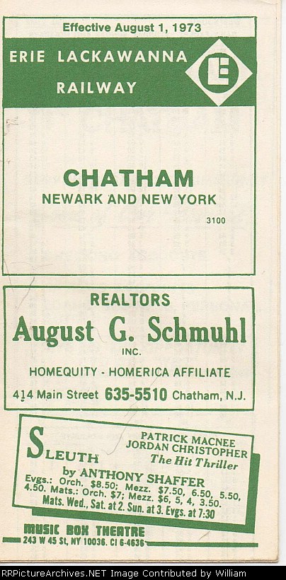 Erie Lackawanna Railroad, Chatham, Newark and New York Time Table - 1973
