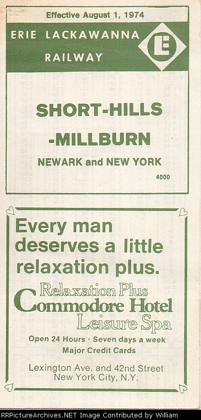 Erie Lackawanna railroad, Short Hills, Millburn, Newark and New York Time Table - 1974