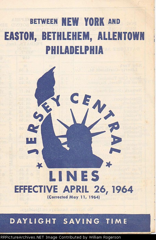 Central Railroad of New Jersey (Jersey Central Lines), New York - Philadelphia, Time Table - May 11, 1964