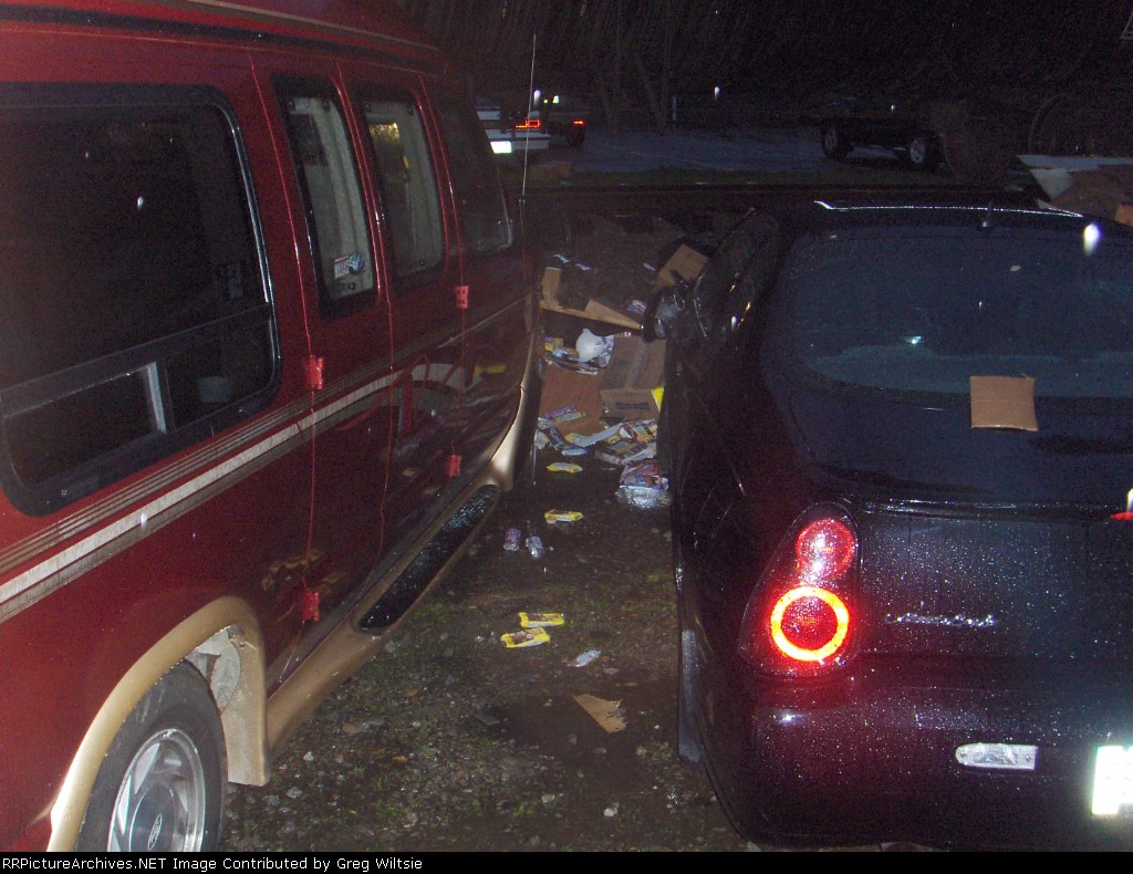 A few of the vehicles that received minor damage from the trailer