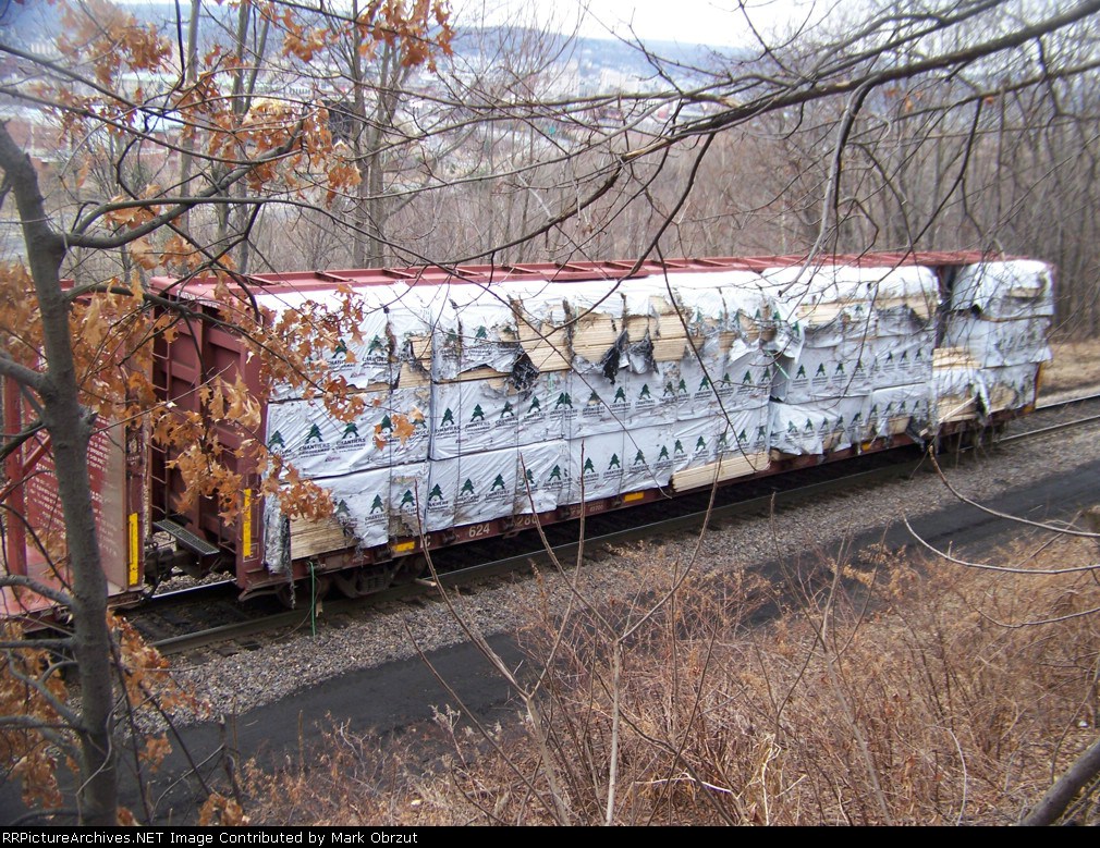 Damaged wood on centerbeam flat car at derailment